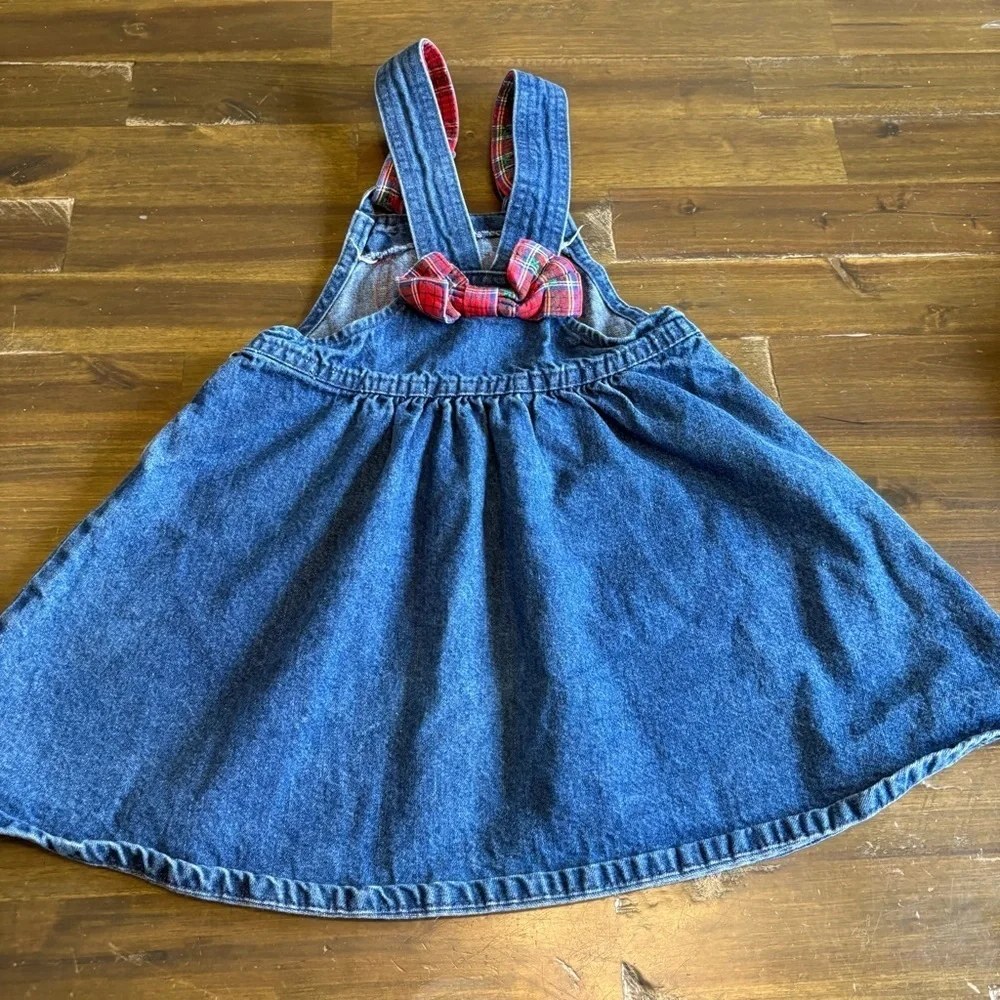 Oshkosh B’gosh American Vintage Cotton Denim Overall Dress Plaid Bow Toddler 4